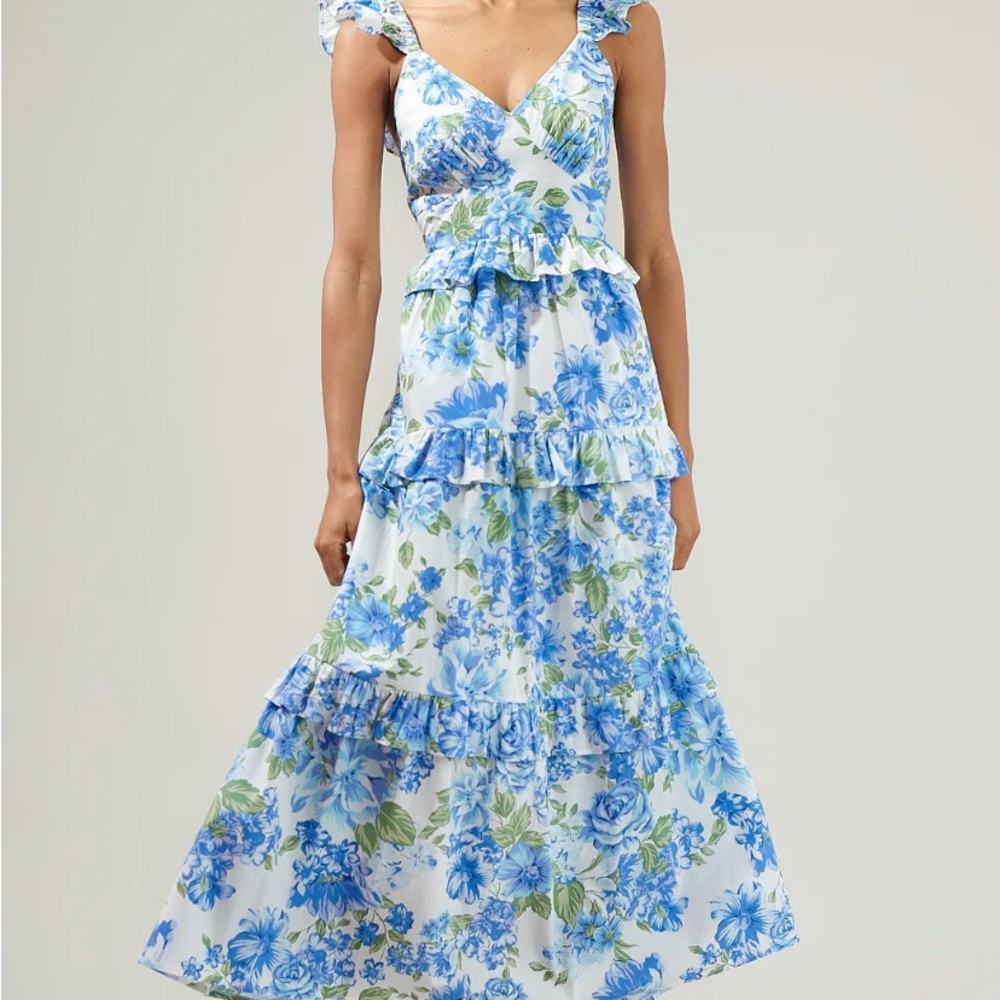 Sugarlips Blue Floral Ruffle Tiered Maxi Dress